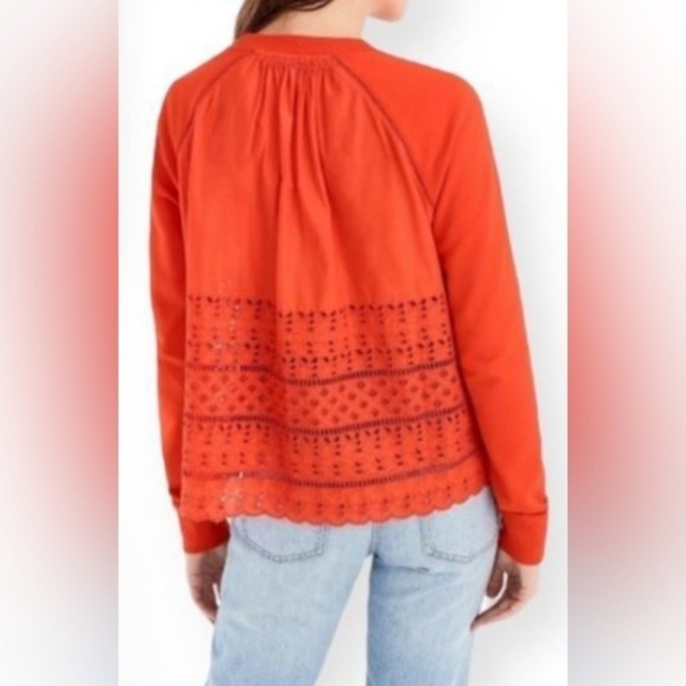 J. Crew Women's Eyelet-Back Relaxed Cotton Crewneck Sweatshirt Top, Bright Poppy